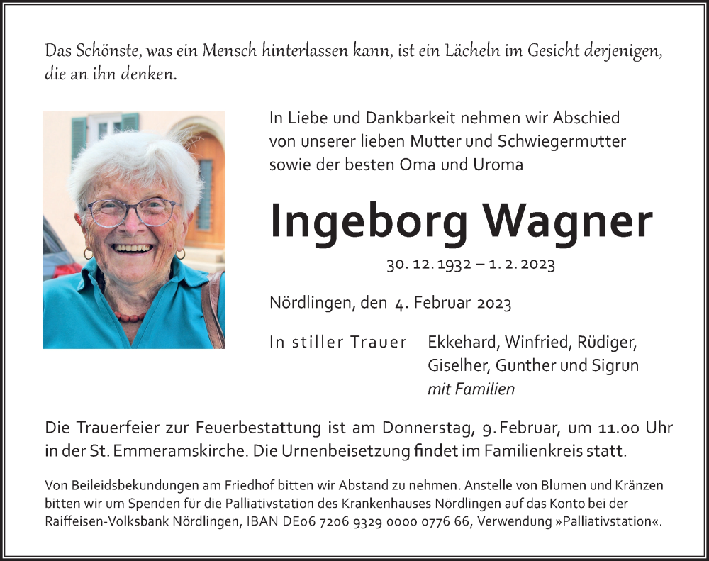  Traueranzeige für Ingeborg Wagner vom 04.02.2023 aus Rieser Nachrichten