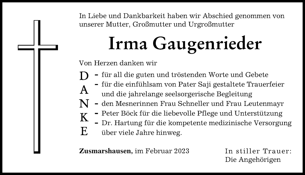  Traueranzeige für Irma Gaugenrieder vom 11.02.2023 aus Augsburger Allgemeine
