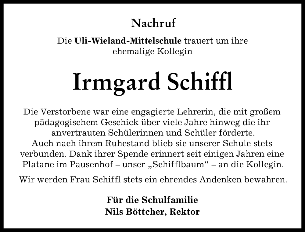  Traueranzeige für Irmgard Schiffl vom 01.02.2023 aus Illertisser Zeitung