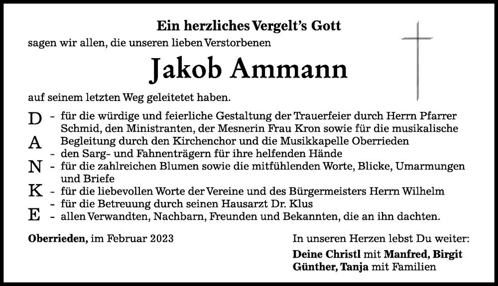  Traueranzeige für Jakob Ammann vom 04.02.2023 aus Mindelheimer Zeitung