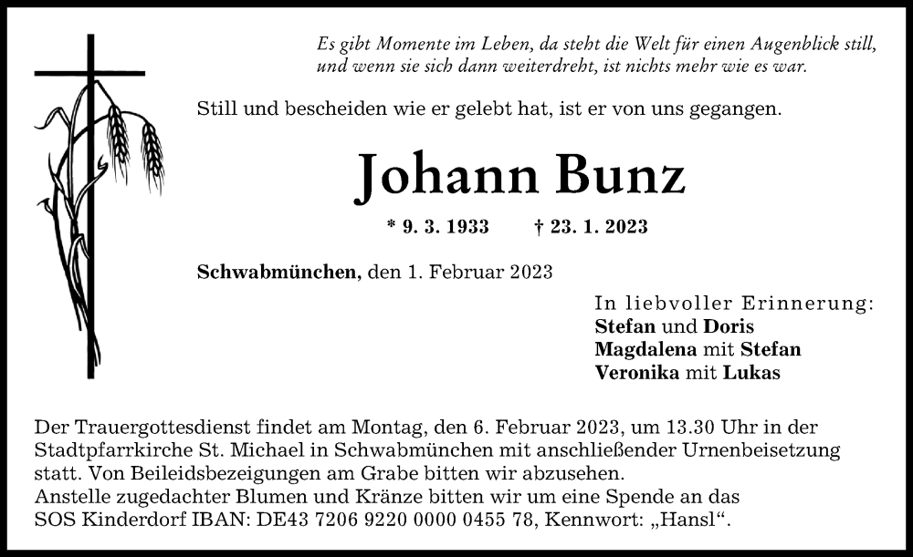 Traueranzeige von Johann Bunz von Schwabmünchner Allgemeine