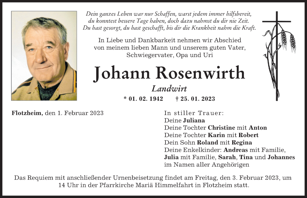  Traueranzeige für Johann Rosenwirth vom 01.02.2023 aus Donauwörther Zeitung