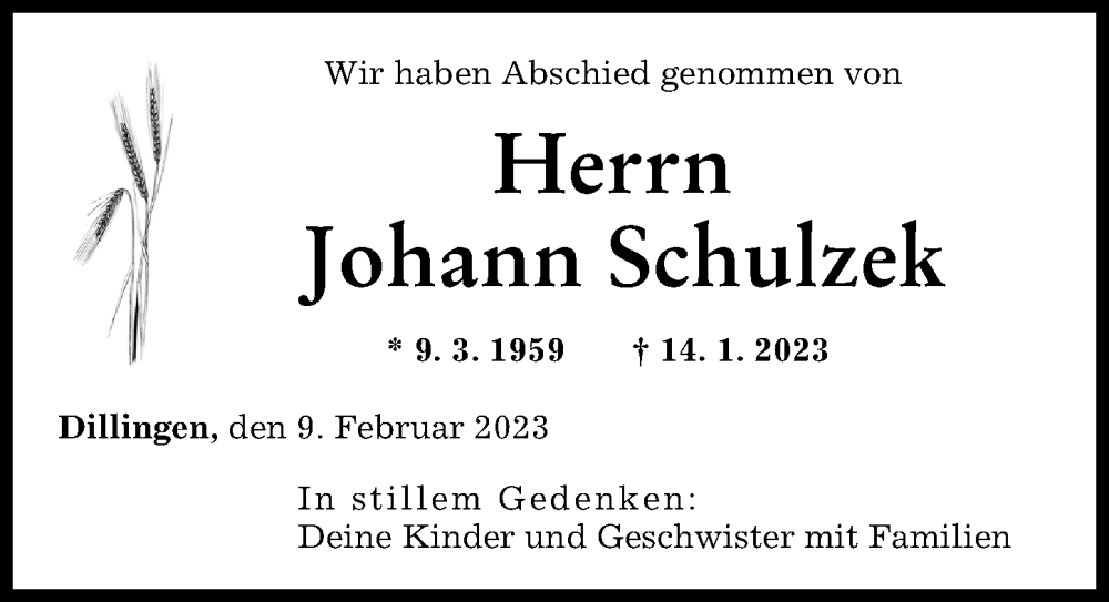 Traueranzeige von Johann Schulzek von Donau Zeitung