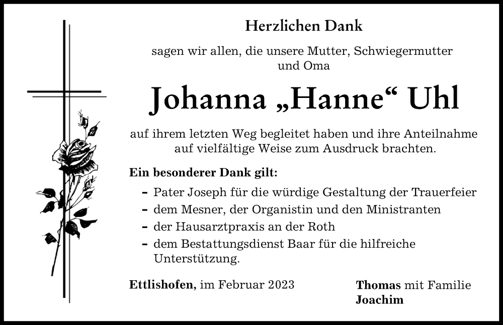  Traueranzeige für Johanna Uhl vom 16.02.2023 aus Günzburger Zeitung, Neu-Ulmer Zeitung