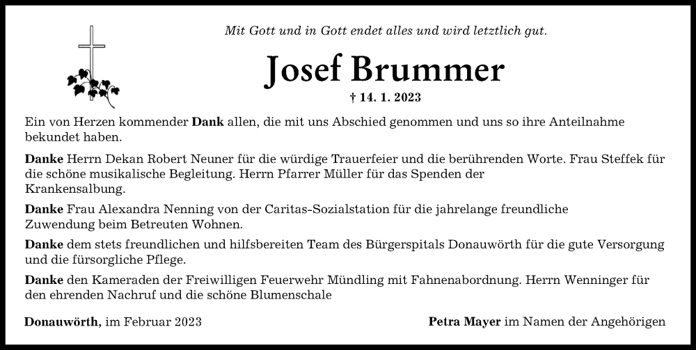  Traueranzeige für Josef Brummer vom 14.02.2023 aus Donauwörther Zeitung