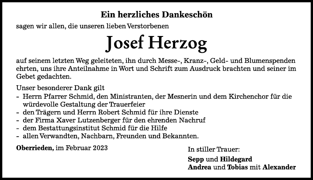  Traueranzeige für Josef Herzog vom 03.02.2023 aus Mindelheimer Zeitung