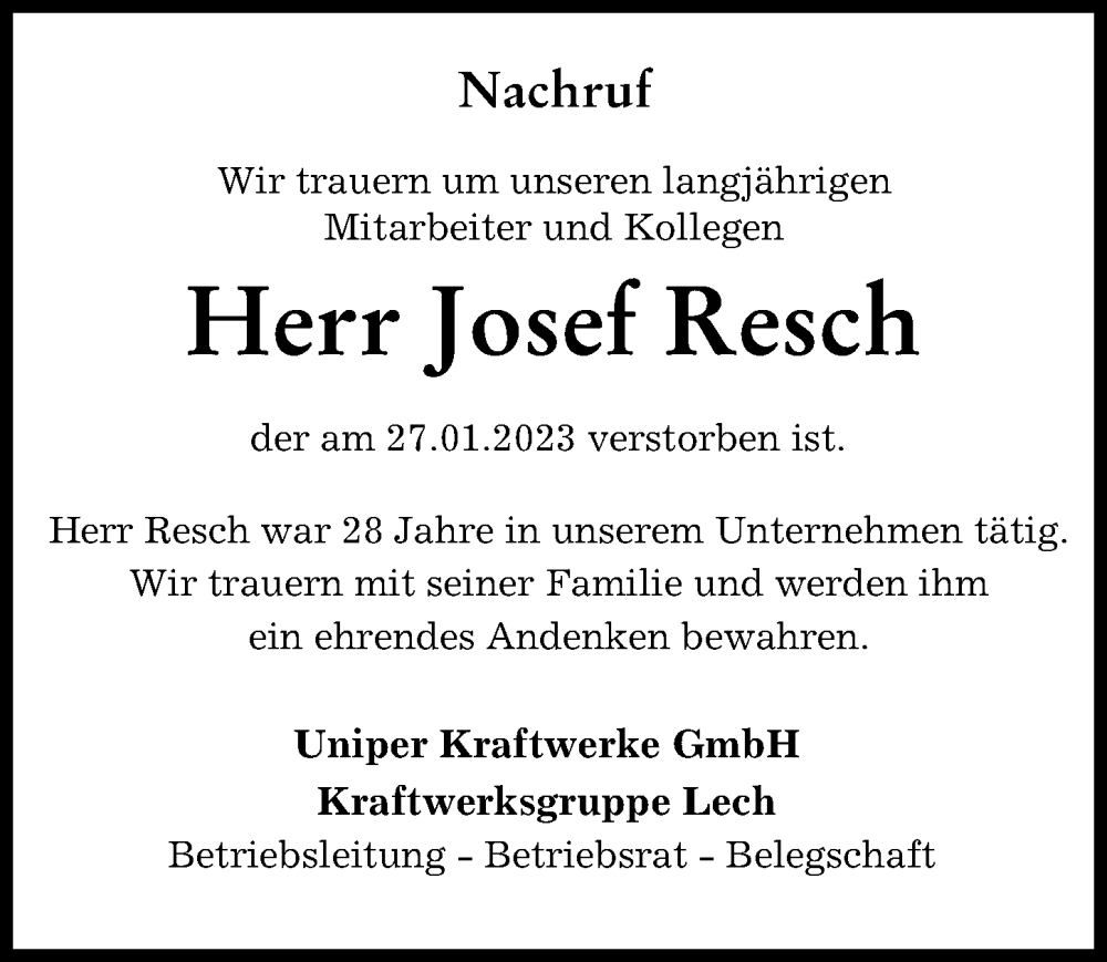  Traueranzeige für Josef Resch vom 02.02.2023 aus Landsberger Tagblatt