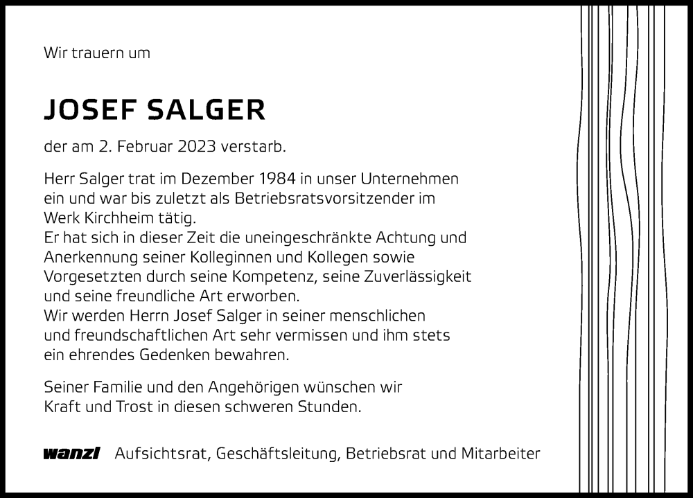  Traueranzeige für Josef Salger vom 15.02.2023 aus Mindelheimer Zeitung, Mittelschwäbische Nachrichten, Günzburger Zeitung