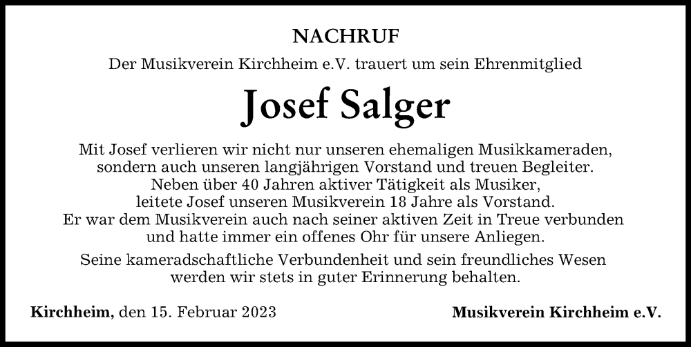  Traueranzeige für Josef Salger vom 15.02.2023 aus Mindelheimer Zeitung