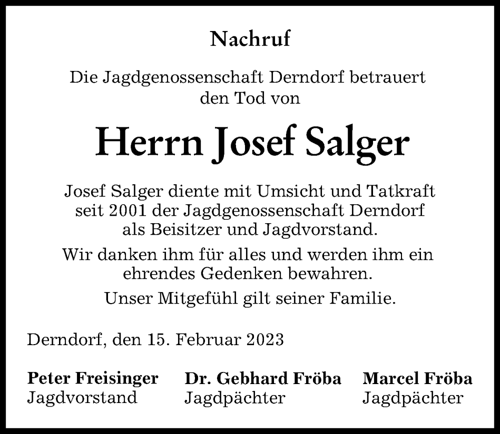  Traueranzeige für Josef Salger vom 15.02.2023 aus Mindelheimer Zeitung