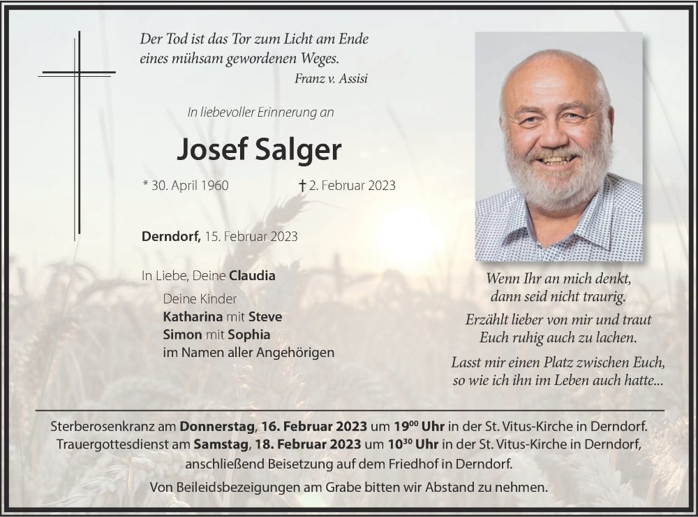  Traueranzeige für Josef Salger vom 15.02.2023 aus Mindelheimer Zeitung