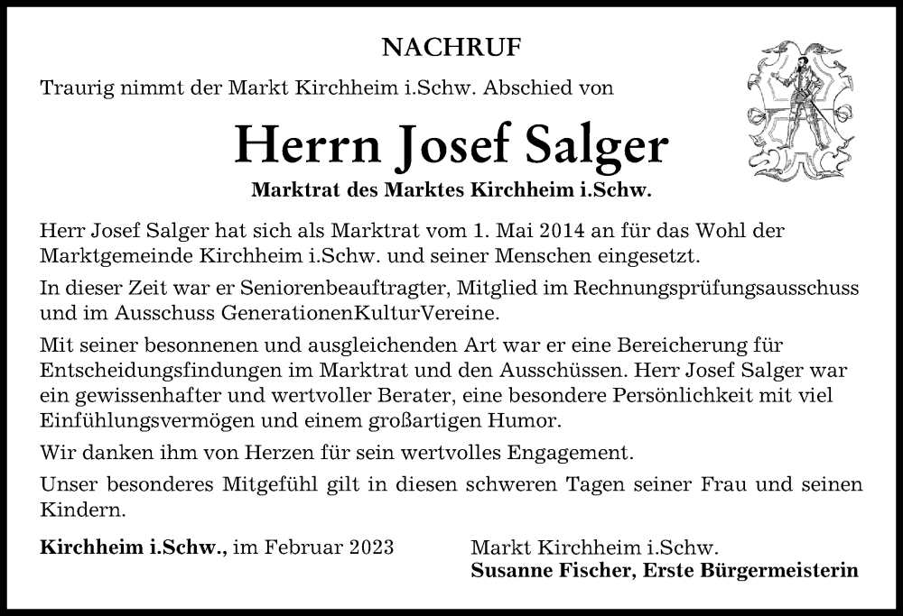  Traueranzeige für Josef Salger vom 15.02.2023 aus Mindelheimer Zeitung