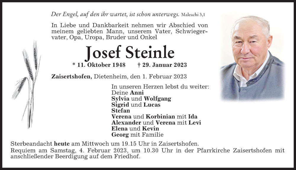  Traueranzeige für Josef Steinle vom 01.02.2023 aus Mindelheimer Zeitung