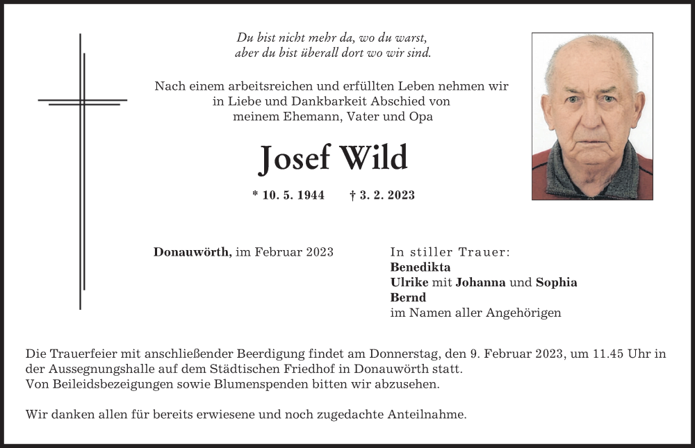 Traueranzeige von Josef Wild von Donauwörther Zeitung