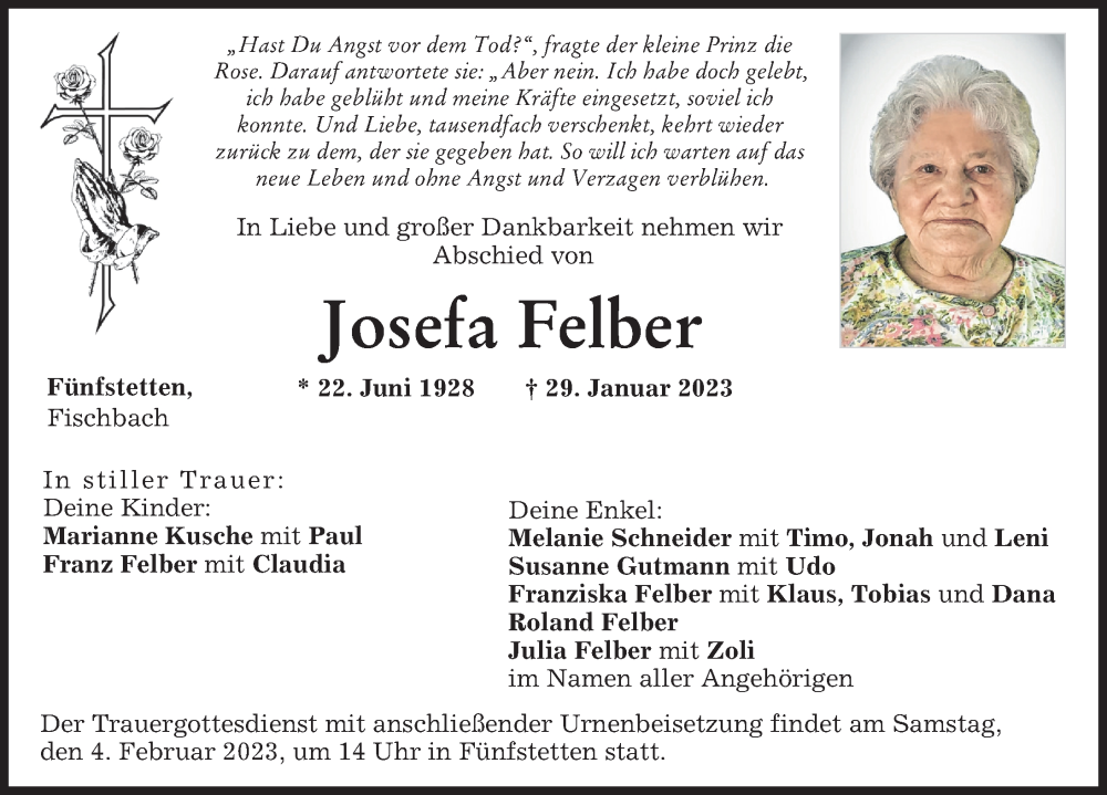  Traueranzeige für Josefa Felber vom 01.02.2023 aus Donauwörther Zeitung