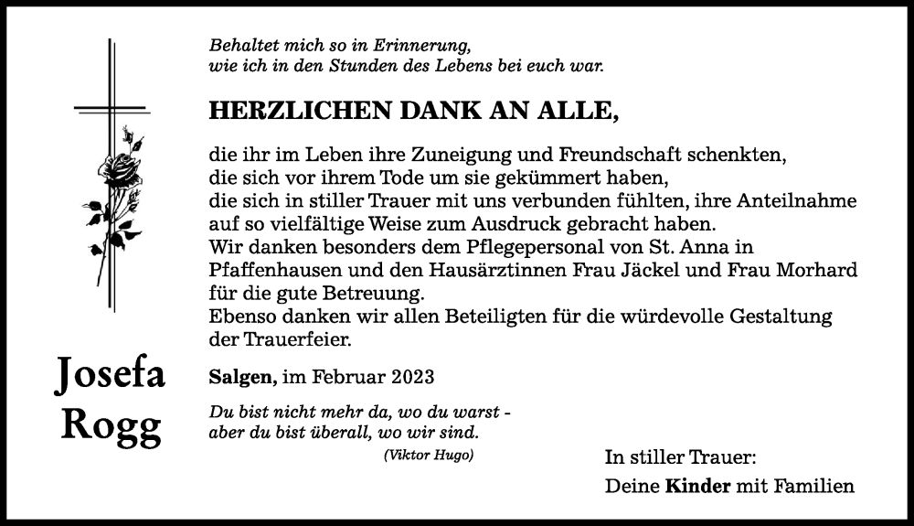 Traueranzeige von Josefa Rogg von Mindelheimer Zeitung