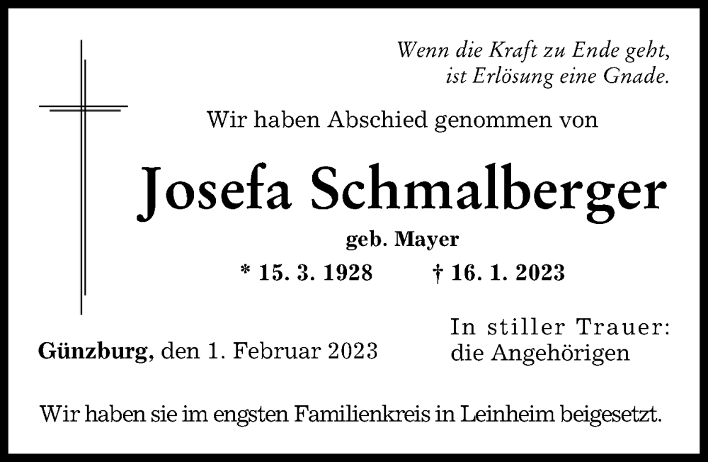  Traueranzeige für Josefa Schmalberger vom 01.02.2023 aus Günzburger Zeitung
