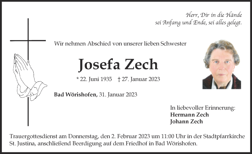 Traueranzeige von Josefa Zech von Mindelheimer Zeitung