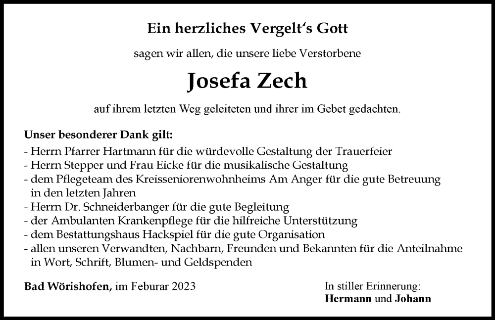  Traueranzeige für Josefa Zech vom 11.02.2023 aus Mindelheimer Zeitung