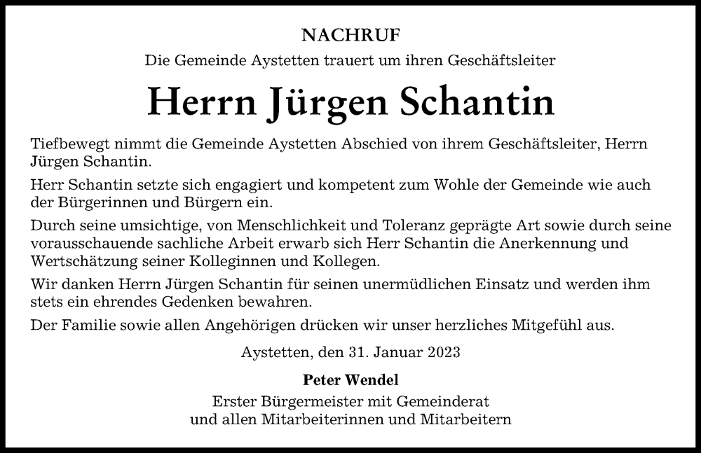  Traueranzeige für Jürgen Schantin vom 31.01.2023 aus Augsburg-Land