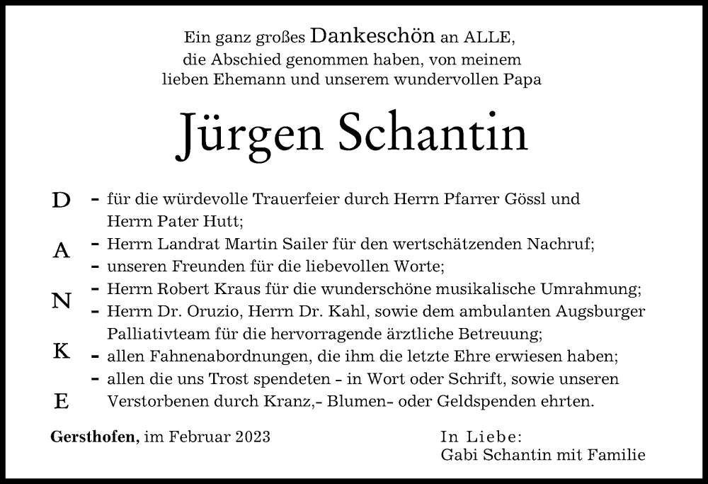  Traueranzeige für Jürgen Schantin vom 11.02.2023 aus Augsburger Allgemeine