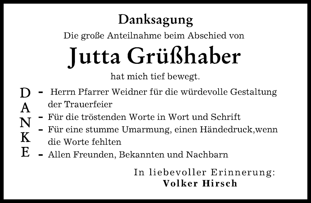  Traueranzeige für Jutta Grüßhaber vom 04.02.2023 aus Augsburger Allgemeine