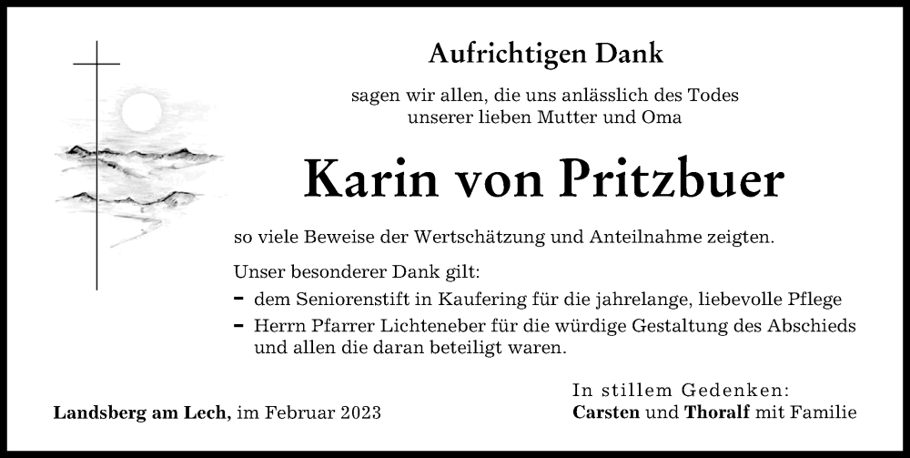 Traueranzeige von Karin von Pritzbuer von Landsberger Tagblatt