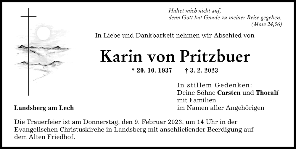 Traueranzeige von Karin von Pritzbuer von Landsberger Tagblatt