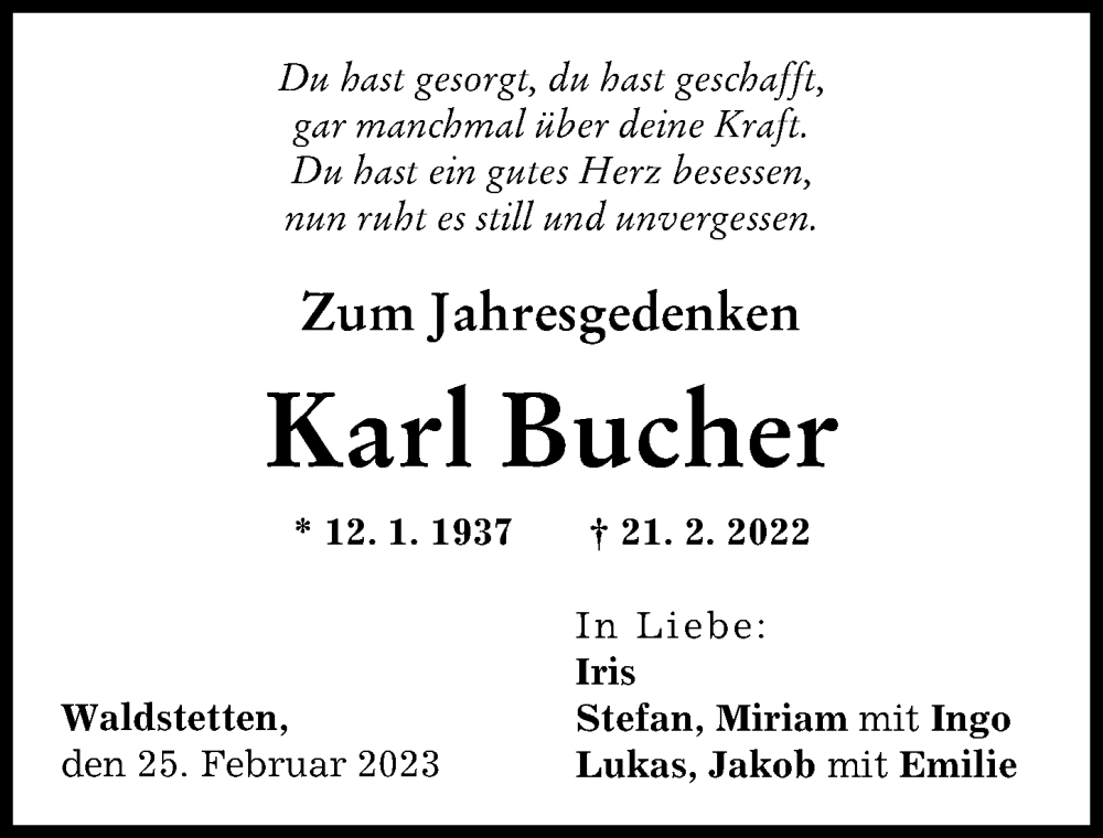 Traueranzeige von Karl Bucher von Günzburger Zeitung, Mittelschwäbische Nachrichten