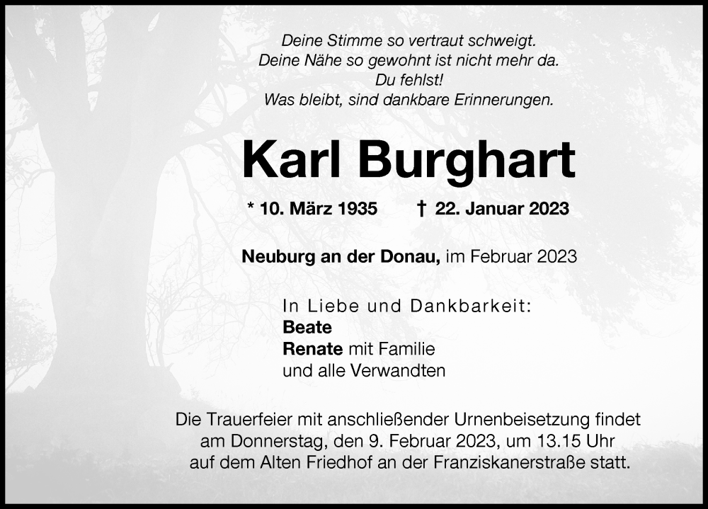 Traueranzeige von Karl Burghart von Neuburger Rundschau