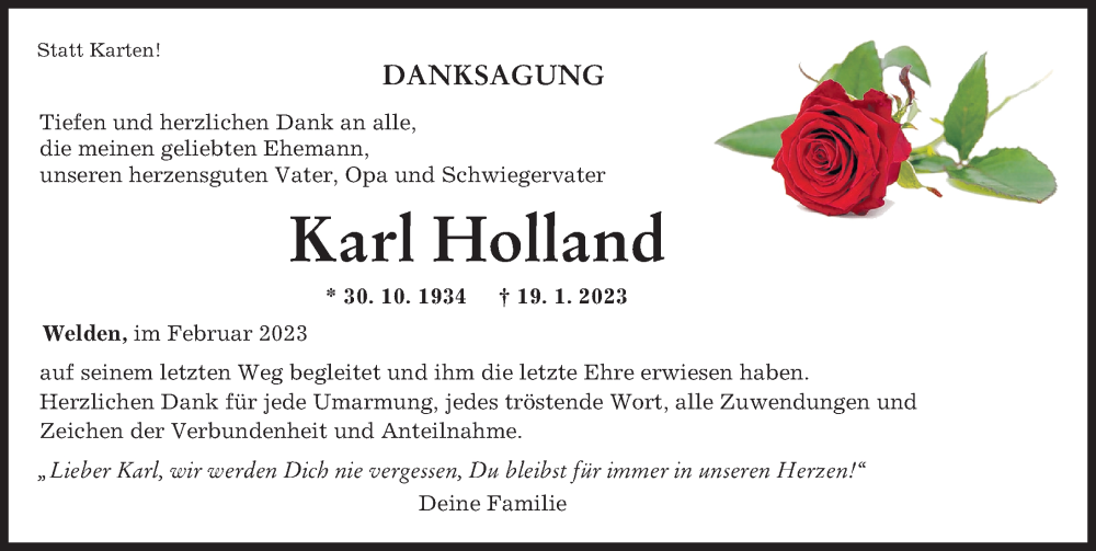  Traueranzeige für Karl Holland vom 11.02.2023 aus Augsburg-Land