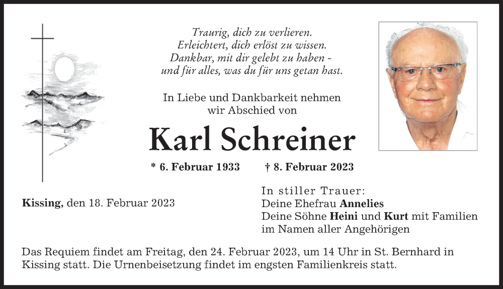 Traueranzeige von Karl Schreiner von Friedberger Allgemeine