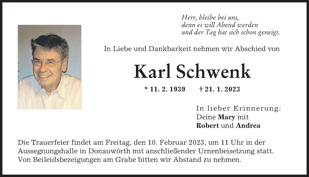 Traueranzeige von Karl Schwenk von Donauwörther Zeitung