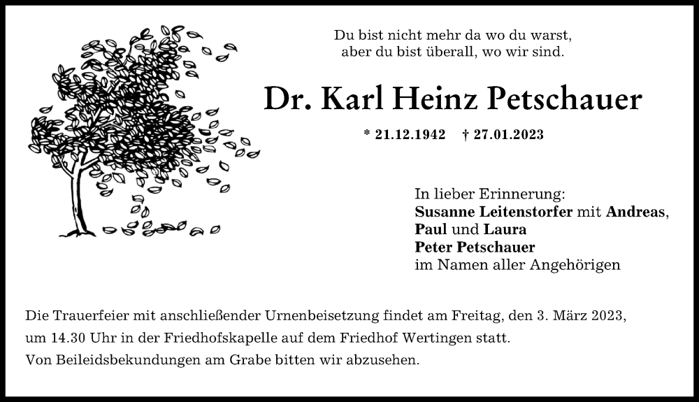 Traueranzeige von Karl Heinz Petschauer von Wertinger Zeitung