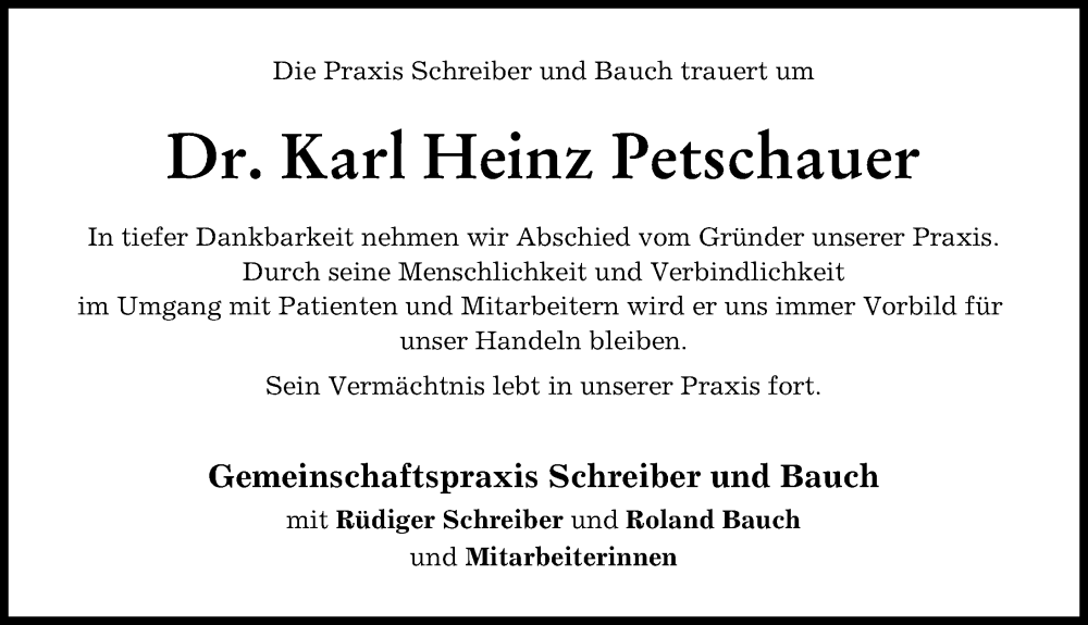 Traueranzeige von Karl Heinz Petschauer von Wertinger Zeitung