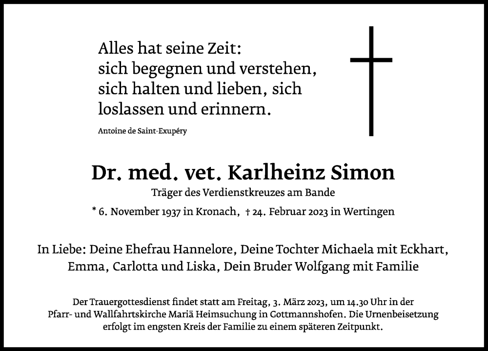 Traueranzeige von Karlheinz Simon von Wertinger Zeitung