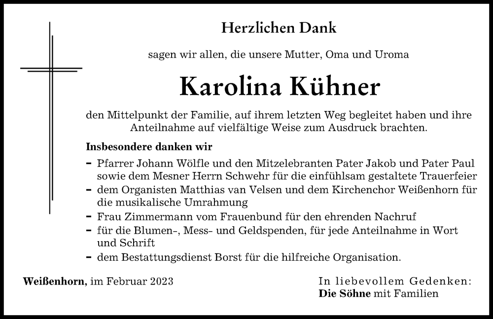  Traueranzeige für Karolina Kühner vom 15.02.2023 aus Neu-Ulmer Zeitung