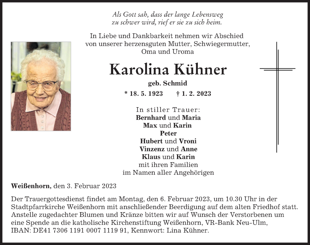  Traueranzeige für Karolina Kühner vom 03.02.2023 aus Neu-Ulmer Zeitung