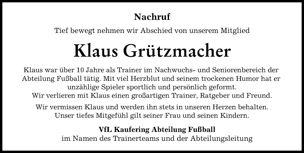  Traueranzeige für Klaus Grützmacher vom 04.02.2023 aus Landsberger Tagblatt