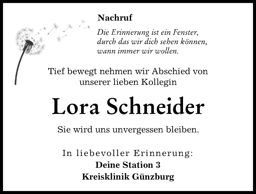  Traueranzeige für Lora Schneider vom 02.02.2023 aus Günzburger Zeitung