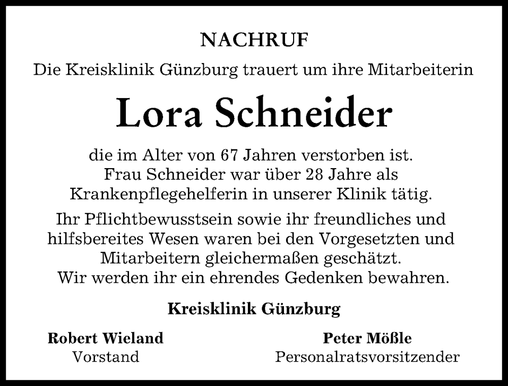  Traueranzeige für Lora Schneider vom 31.01.2023 aus Günzburger Zeitung
