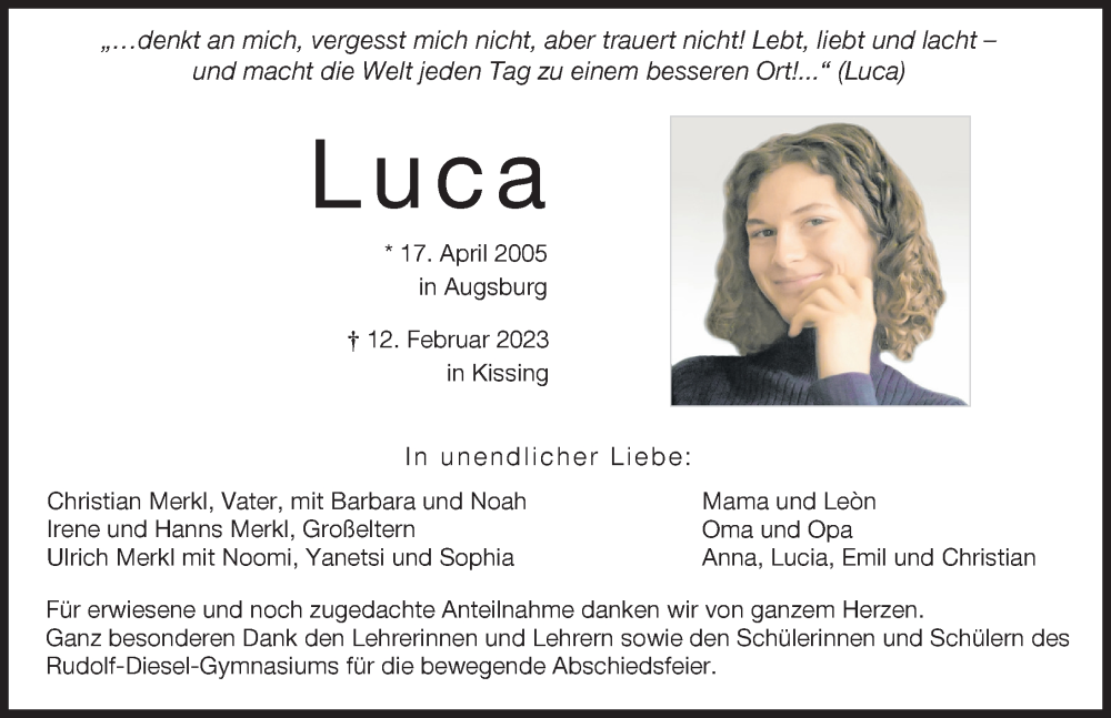  Traueranzeige für Luca  vom 24.02.2023 aus Friedberger Allgemeine, Augsburger Allgemeine