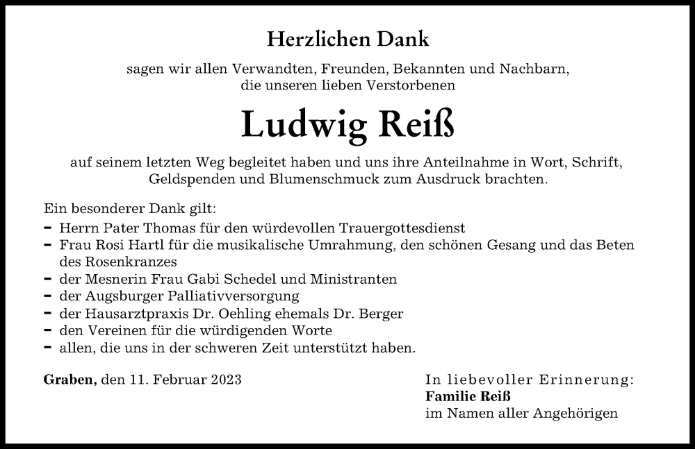  Traueranzeige für Ludwig Reiß vom 11.02.2023 aus Schwabmünchner Allgemeine