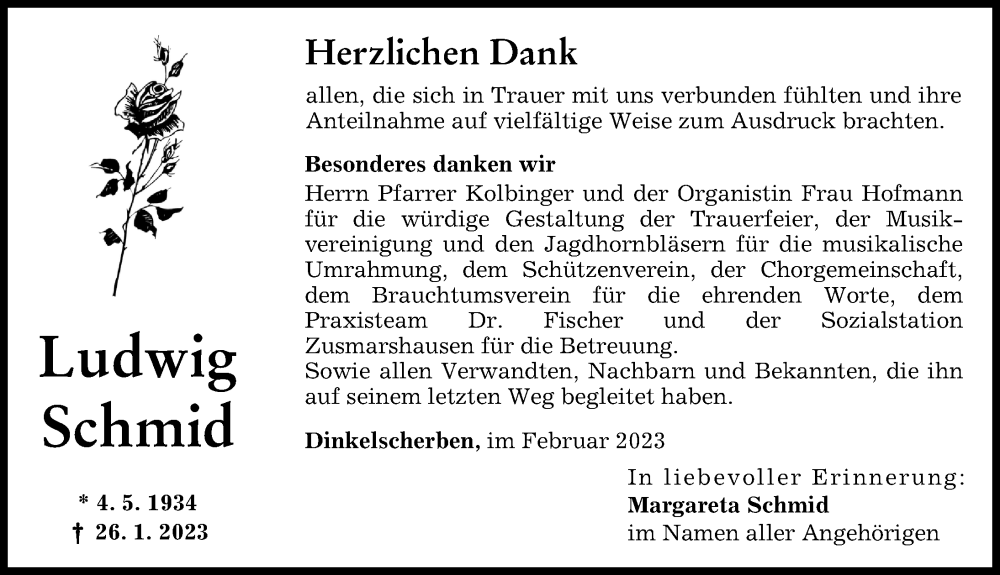  Traueranzeige für Ludwig Schmid vom 11.02.2023 aus Augsburg-Land