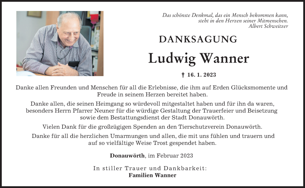 Traueranzeige von Ludwig Wanner von Donauwörther Zeitung