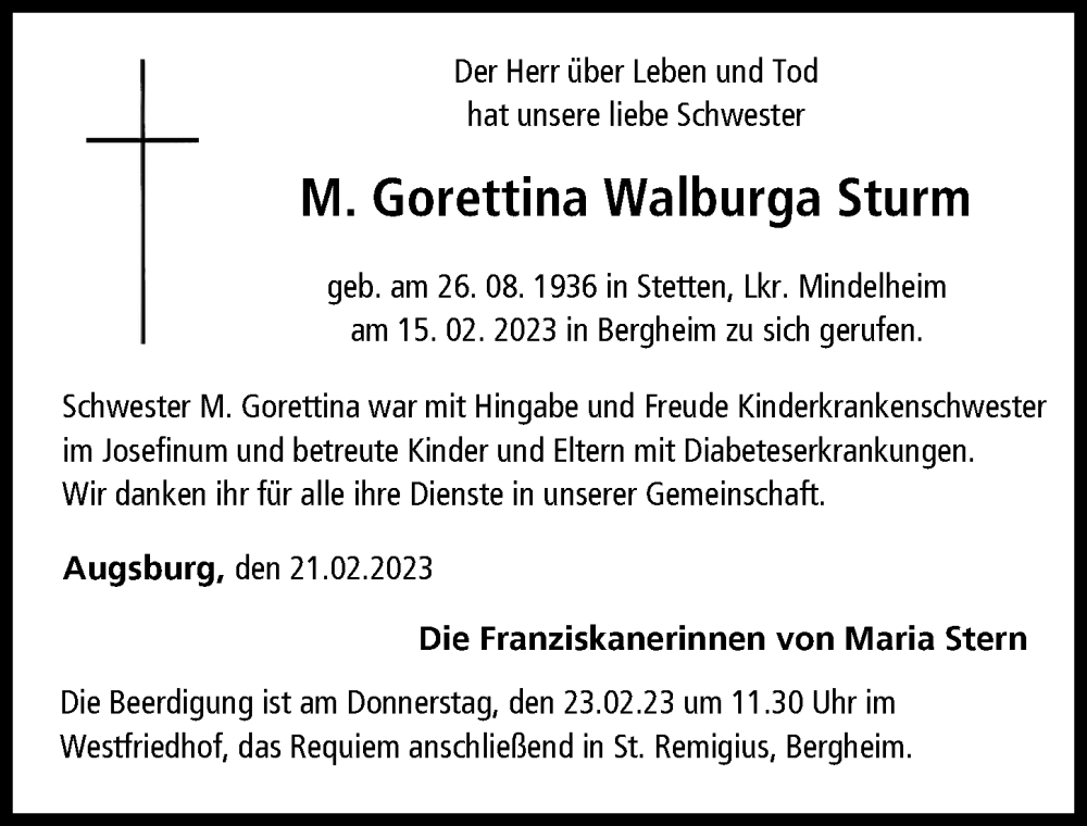 Traueranzeige von M. Gorettina Walburga Sturm von Wertinger Zeitung, Augsburger Allgemeine