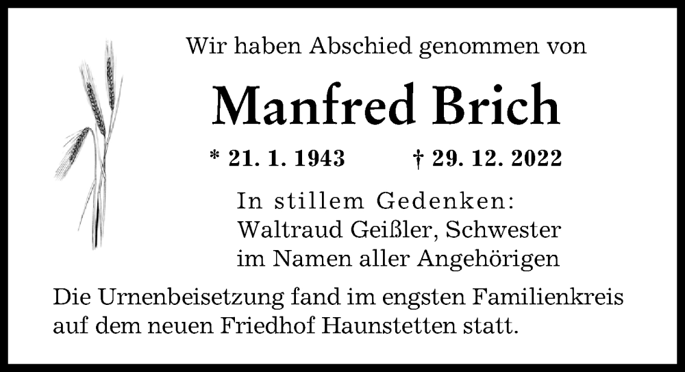 Traueranzeige von Manfred Brich von Augsburger Allgemeine