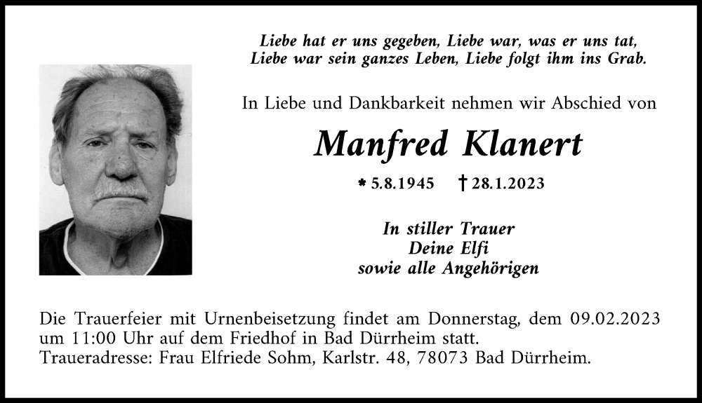  Traueranzeige für Manfred Klanert vom 01.02.2023 aus Schwabmünchner Allgemeine