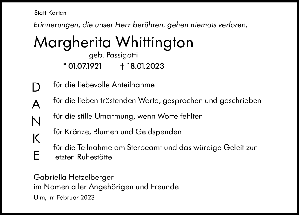  Traueranzeige für Margherita Whittington vom 11.02.2023 aus Augsburger Allgemeine, Neu-Ulmer Zeitung
