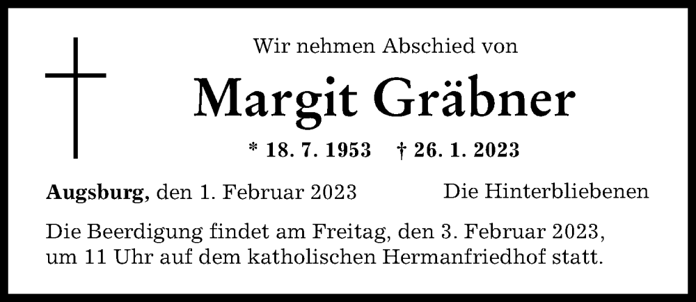  Traueranzeige für Margit Gräbner vom 01.02.2023 aus Augsburger Allgemeine